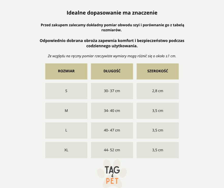 Tabela rozmiarów obroży dla psa z uchwytem na Apple AirTag