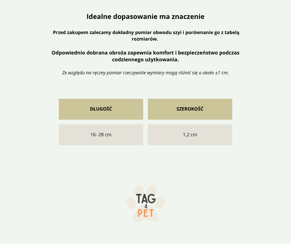 Tabela rozmiarów obroży dla kota z uchwytem na Apple AirTag